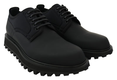 Dolce & Gabbana Schwarze gummierte Kalbsleder Chunky Derby Vulcano Schuhe