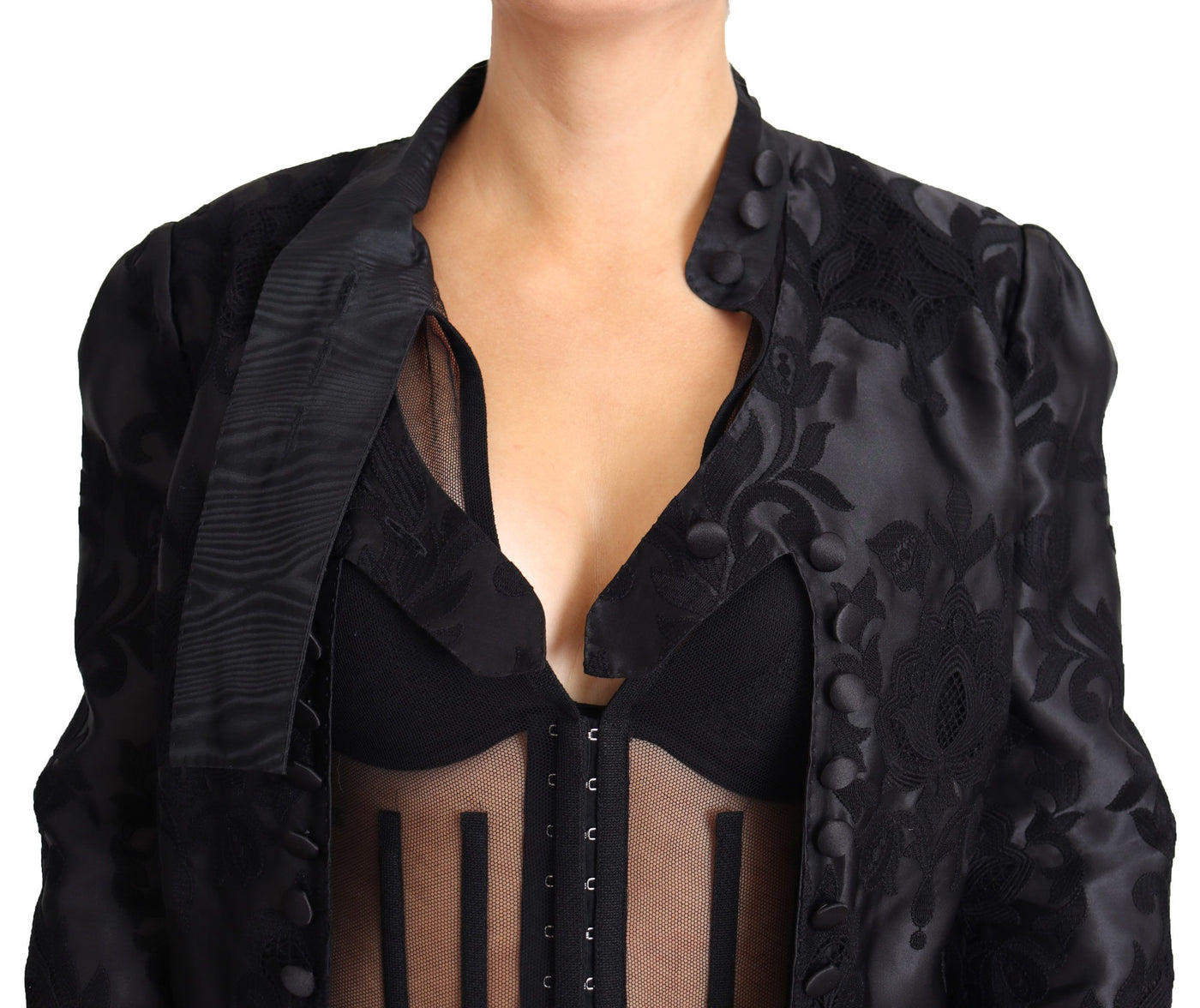 Dolce & Gabbana Schwarze Spitze durchsichtiges Korsett Organza Seidenjacke