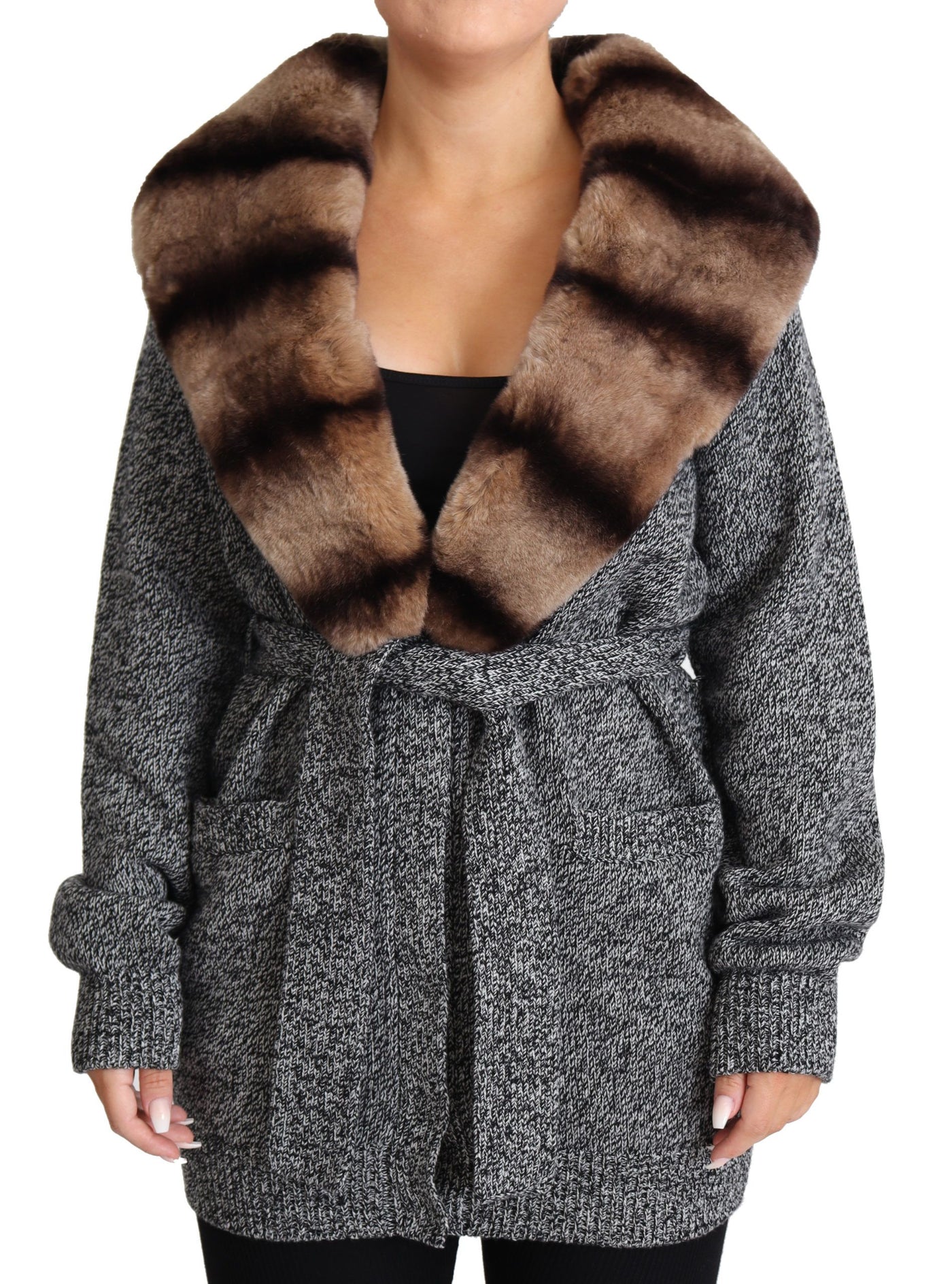 Dolce & Gabbana Graue Strickjacke Pelzmantel Kaschmirjacke