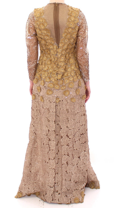 Lanre Da Silva Ajayi GOLD Langes Maxikleid aus Spitze und Kristall