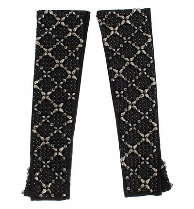 Dolce & Gabbana Schwarze Leder Kristall Perlen Finger frei Handschuhe
