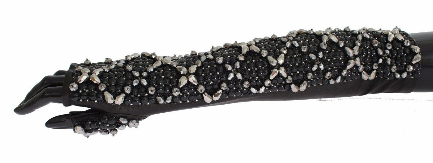Dolce & Gabbana Schwarze Leder Kristall Perlen Finger frei Handschuhe