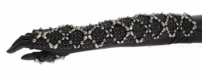 Dolce & Gabbana Schwarze Leder Kristall Perlen Finger frei Handschuhe