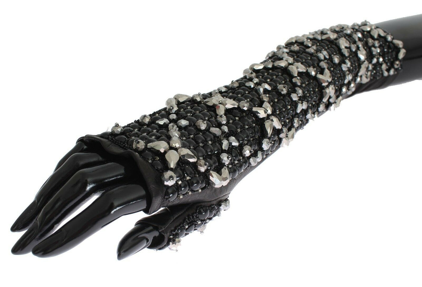 Dolce & Gabbana Schwarze Leder Kristall Perlen Finger frei Handschuhe