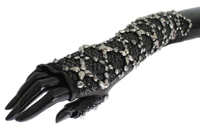 Dolce & Gabbana Schwarze Leder Kristall Perlen Finger frei Handschuhe