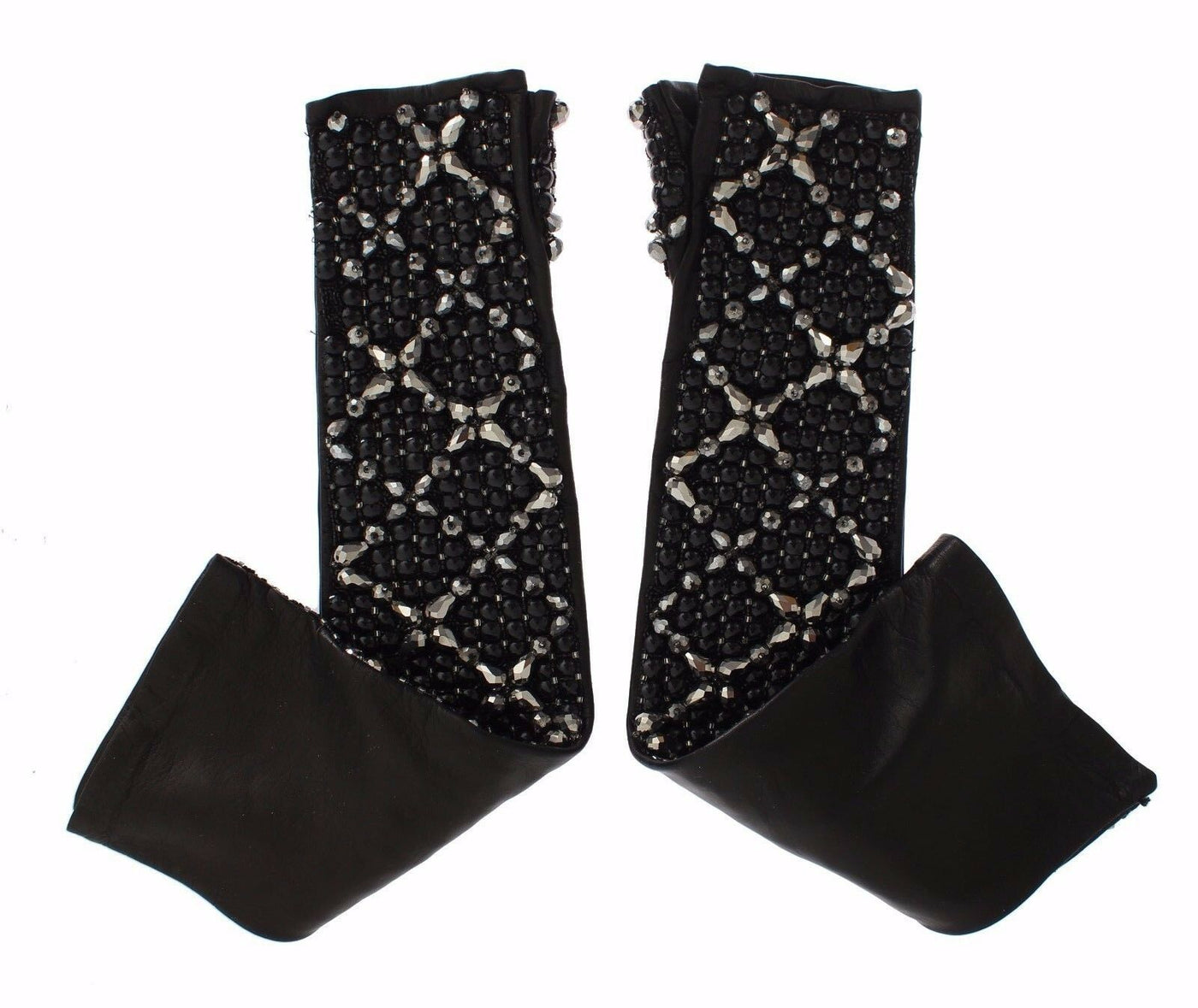 Dolce & Gabbana Schwarze Leder Kristall Perlen Finger frei Handschuhe