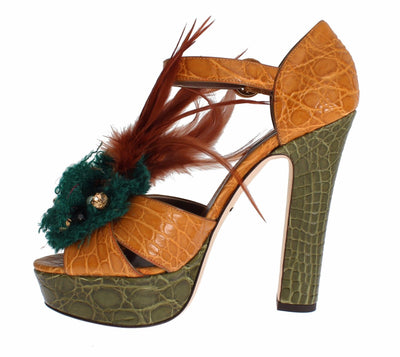 Dolce & Gabbana Orange Leder Kristall Plateau Sandale Schuhe