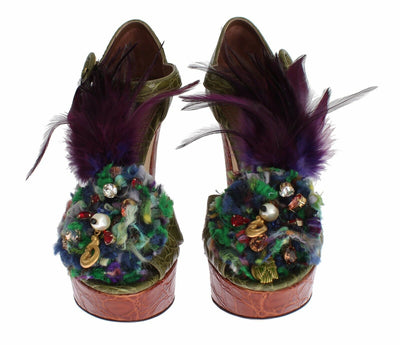Dolce & Gabbana Grüne Leder Kristall Plateau Sandale Schuhe