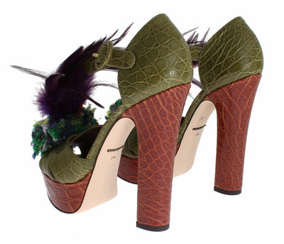 Dolce & Gabbana Grüne Leder Kristall Plateau Sandale Schuhe