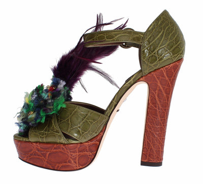Dolce & Gabbana Grüne Leder Kristall Plateau Sandale Schuhe