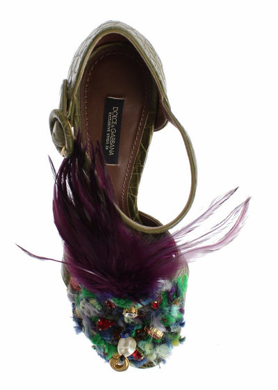 Dolce & Gabbana Grüne Leder Kristall Plateau Sandale Schuhe