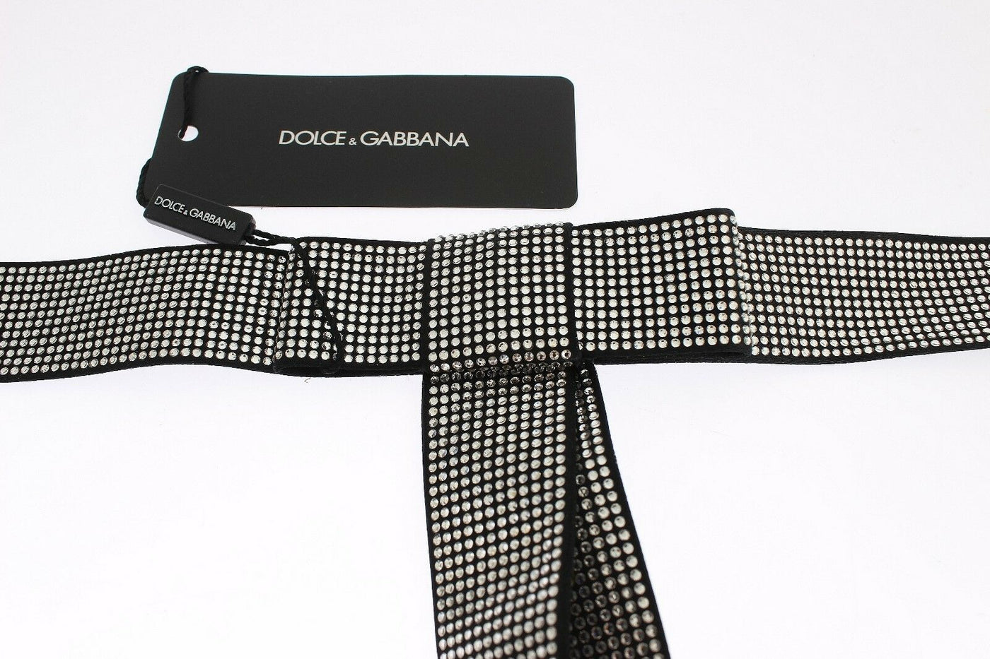 Dolce & Gabbana Schwarzer Seidengürtel mit klarer Kristallschleife für die Taille