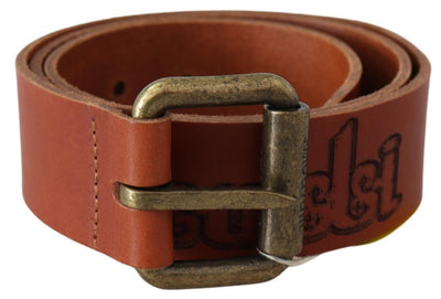 Just Cavalli Brauner Leder Logo Bronze Rustikale Metallschnalle Gürtel