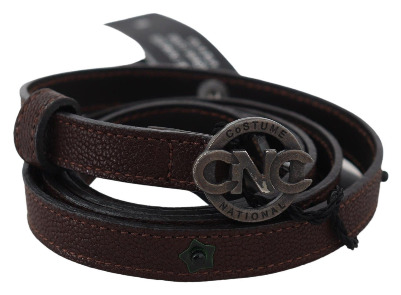 Costume National Brauner Skinny Leder Gürtel mit runder Logoschnalle