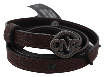 Costume National Brauner Skinny Leder Gürtel mit runder Logoschnalle