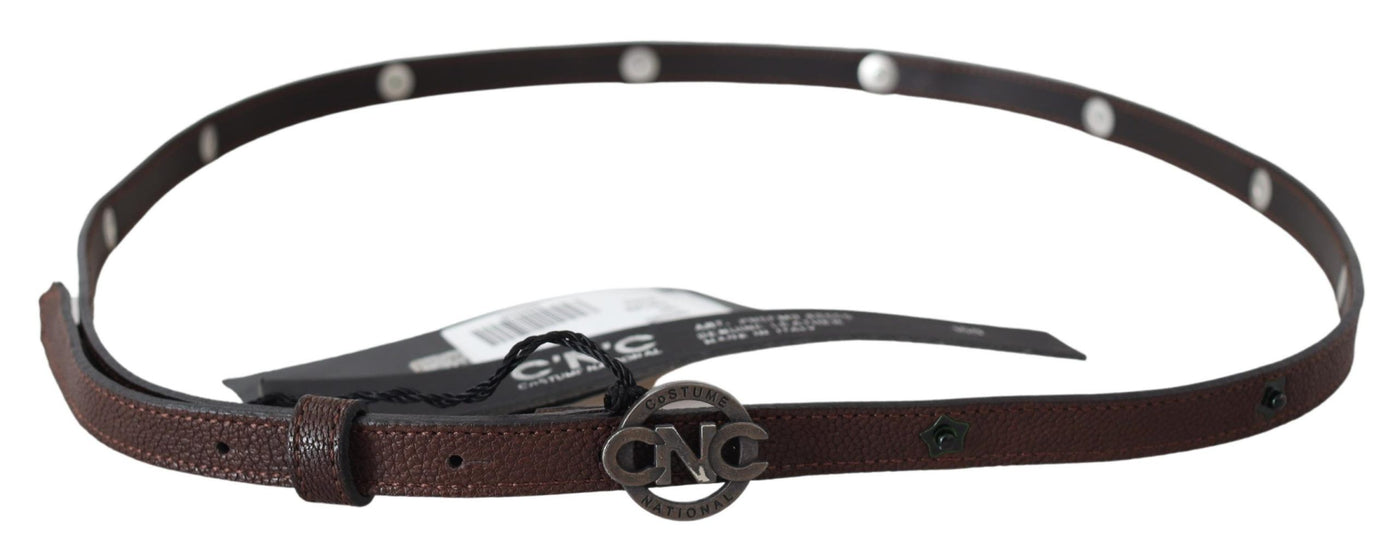 Costume National Brauner Skinny Leder Gürtel mit runder Logoschnalle