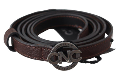 Costume National Brauner Skinny Leder Gürtel mit runder Logoschnalle