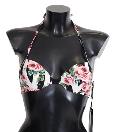 Dolce & Gabbana Mehrfarbig gestreifte Bikini-Oberteile mit Rosendruck in Bademode