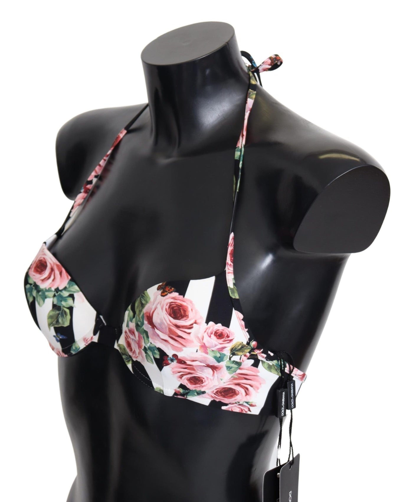 Dolce & Gabbana Mehrfarbig gestreifte Bikini-Oberteile mit Rosendruck in Bademode