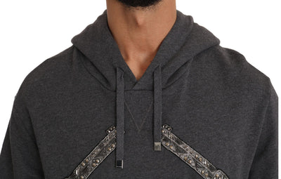 Dolce & Gabbana Grauer Pullover mit Kapuze und rotem Kristallherz Gun