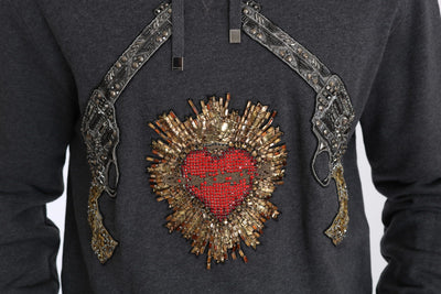 Dolce & Gabbana Grauer Pullover mit Kapuze und rotem Kristallherz Gun