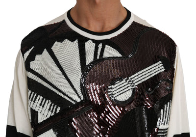 Dolce & Gabbana Weißer Jazz Pailletten-Gitarren-Pullover Top Pullover