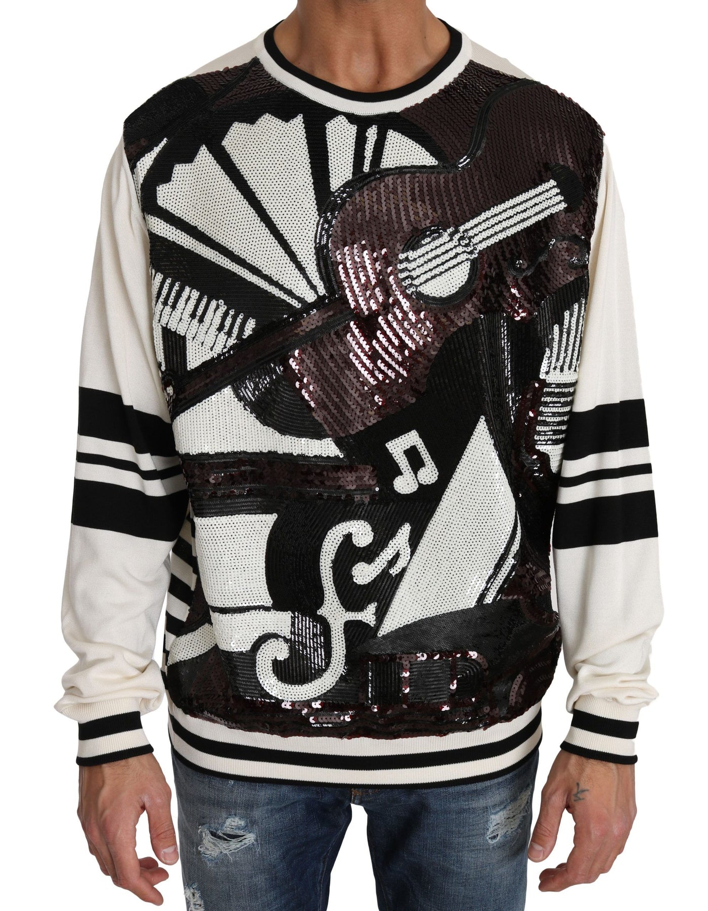 Dolce & Gabbana Weißer Jazz Pailletten-Gitarren-Pullover Top Pullover