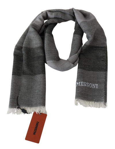 Missoni Grauer gestreifter Wollschal Unisex Halswickel Fransenschal