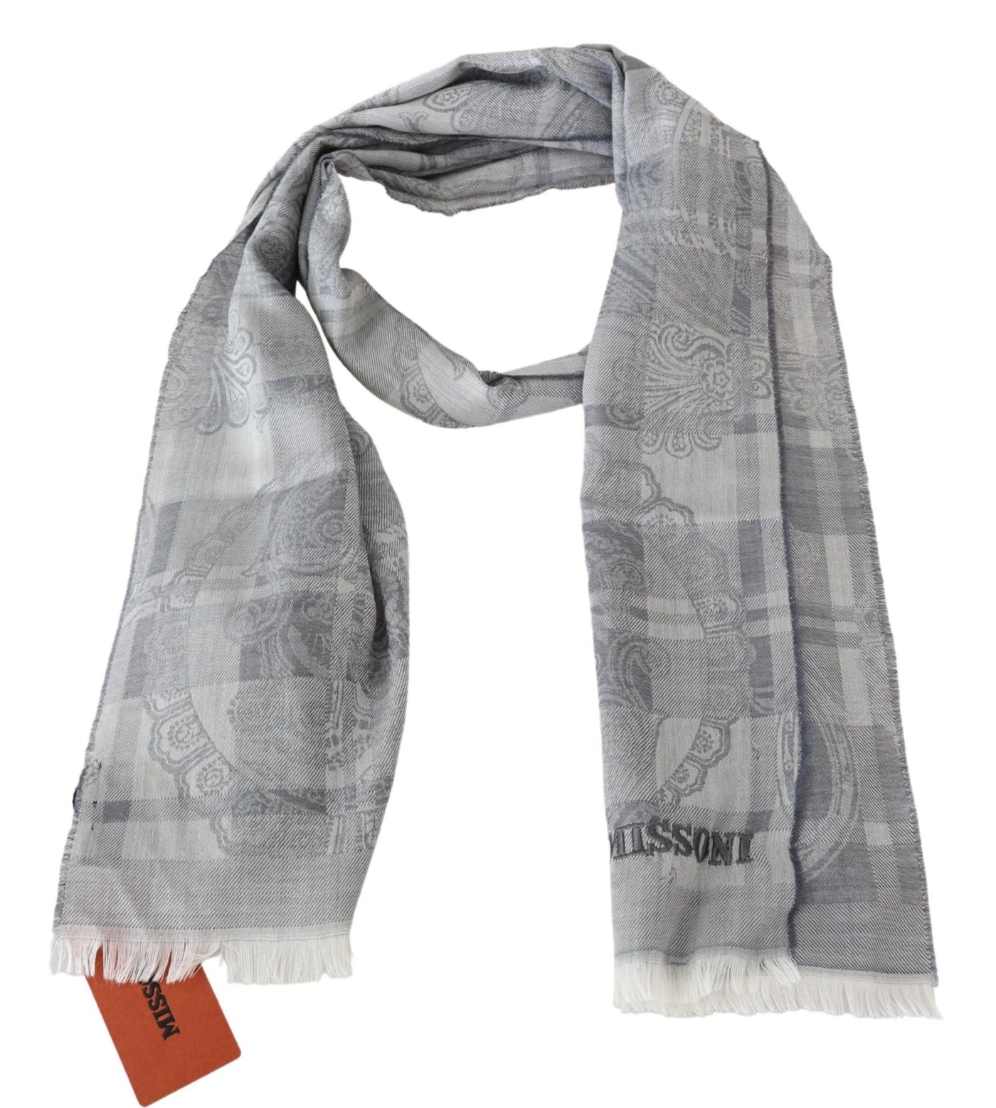 Missoni Grauer floraler Wollschal Unisex Halswickel Fransenschal