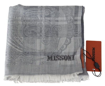 Missoni Grauer floraler Wollschal Unisex Halswickel Fransenschal