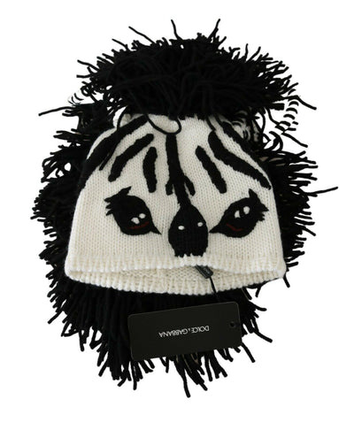 Dolce & Gabbana Schwarz-weiß gestrickte Kaschmir-Mütze mit Tiermotiv