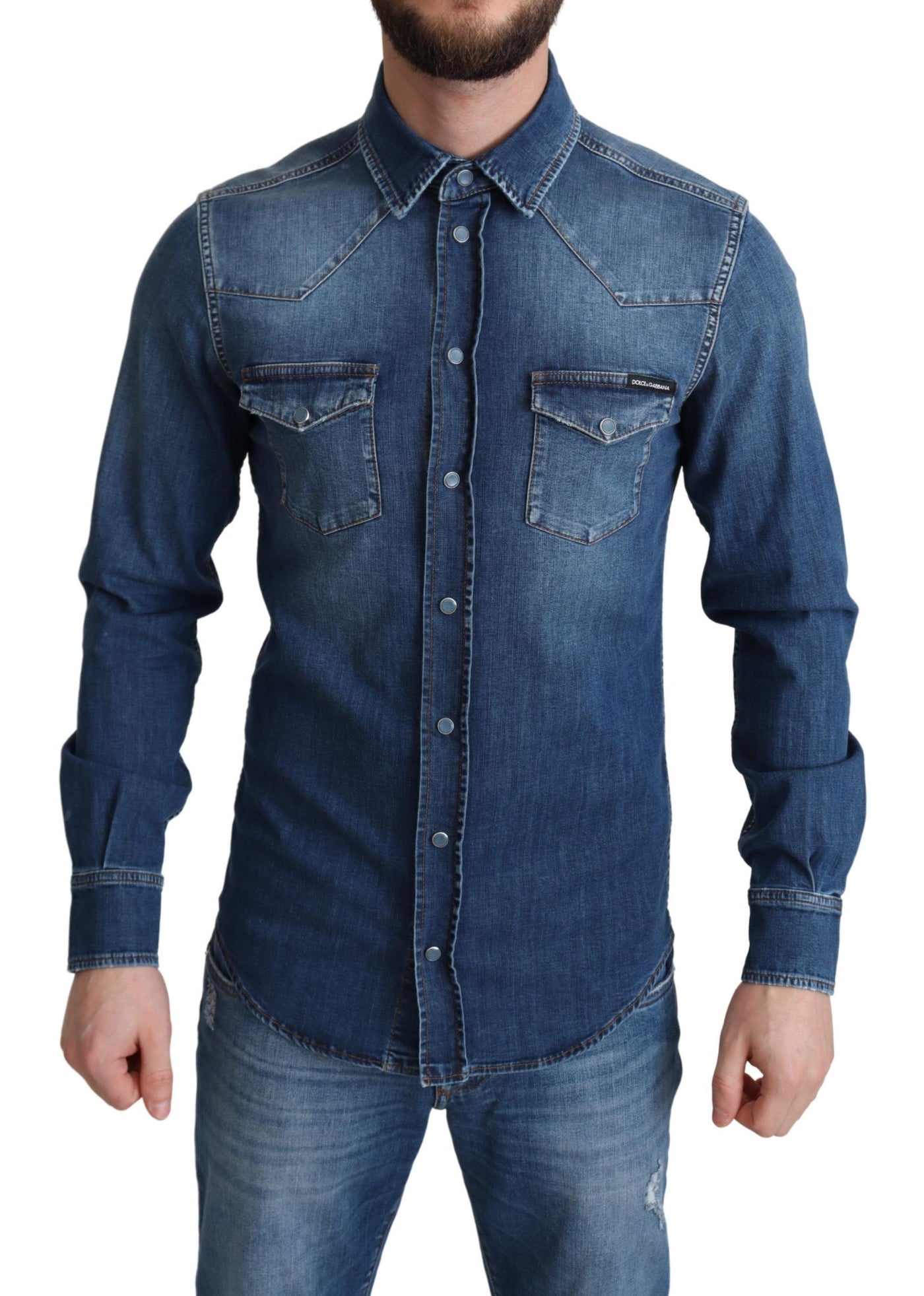 Dolce & Gabbana Blaues Baumwoll-Stretchhemd mit langen Ärmeln aus Denim