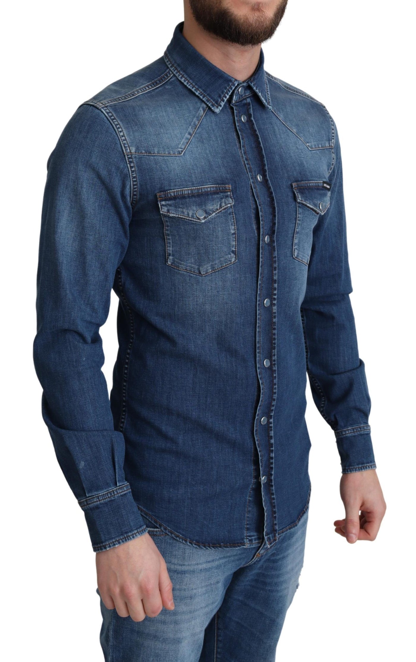 Dolce & Gabbana Blaues Baumwoll-Stretchhemd mit langen Ärmeln aus Denim