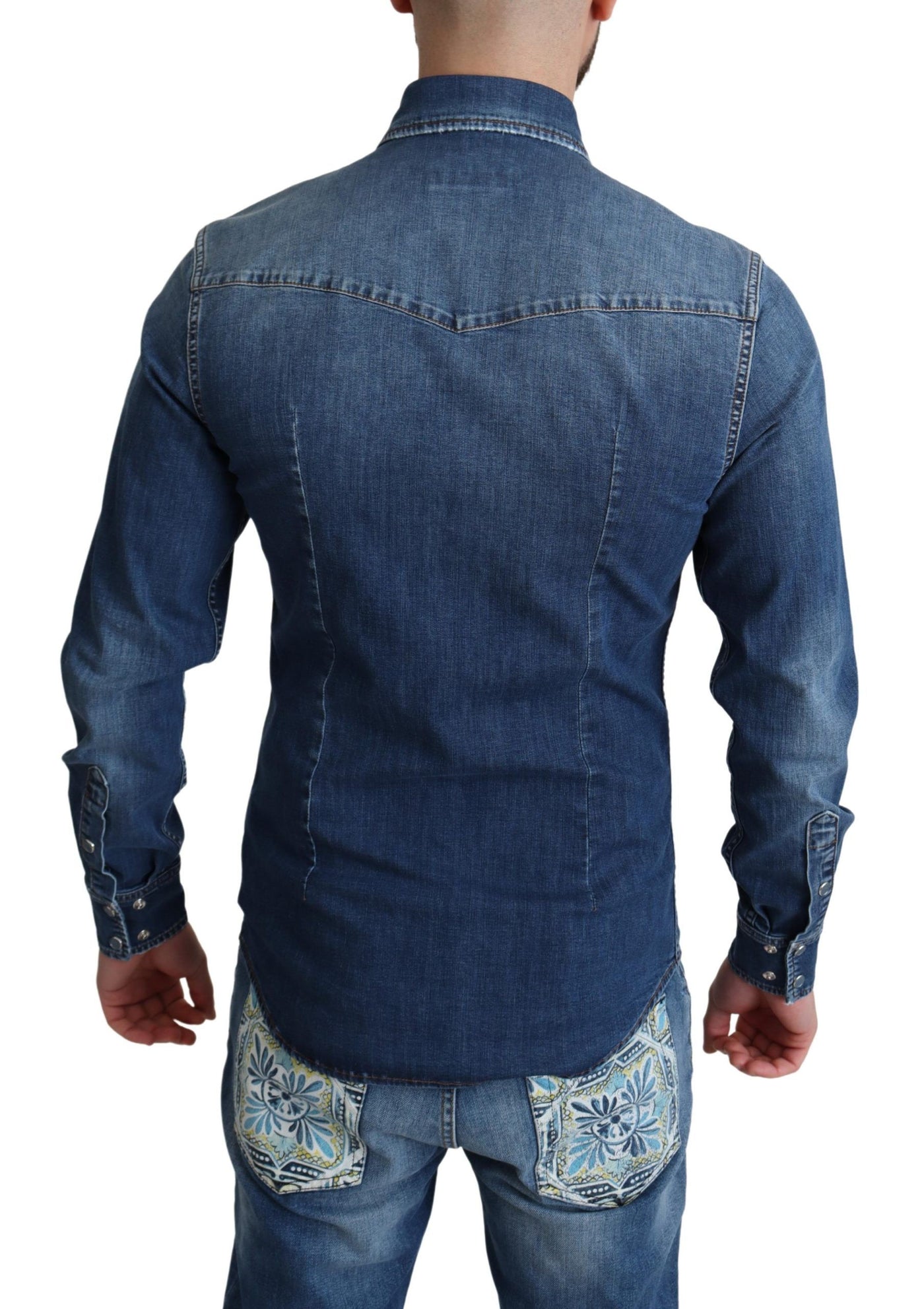 Dolce & Gabbana Blaues Baumwoll-Stretchhemd mit langen Ärmeln aus Denim