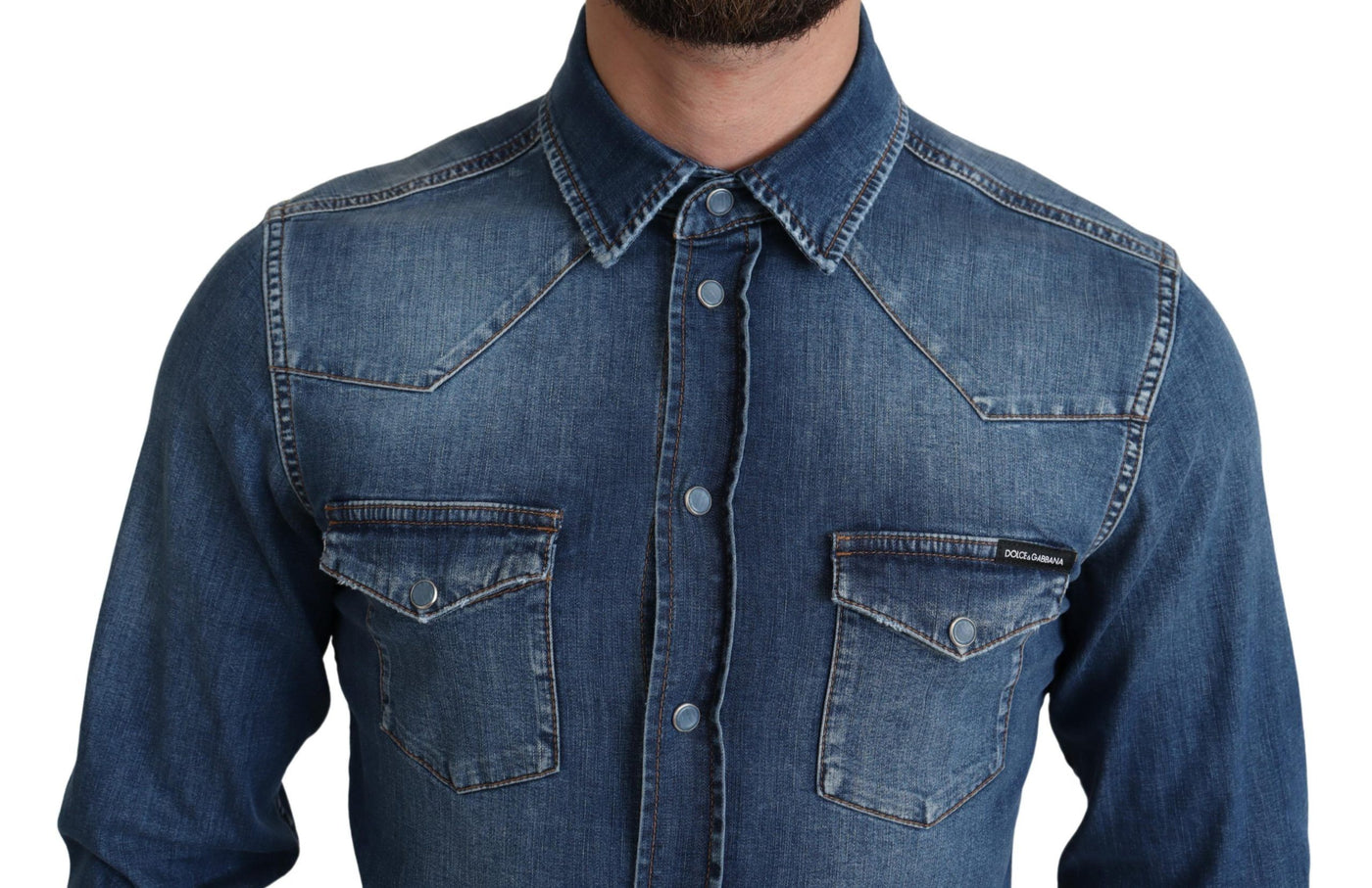 Dolce & Gabbana Blaues Baumwoll-Stretchhemd mit langen Ärmeln aus Denim