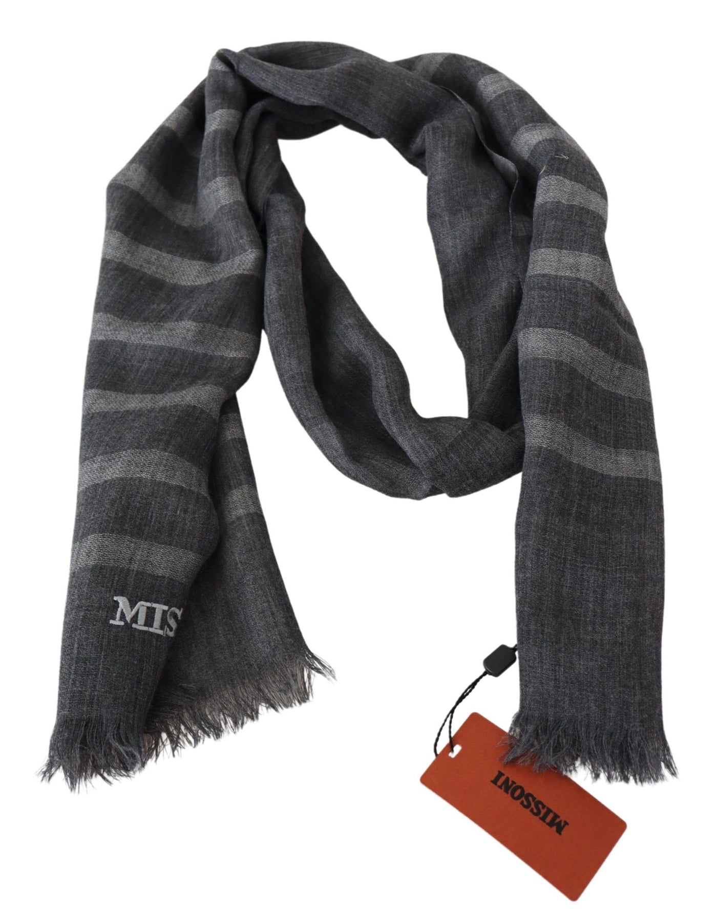 Missoni Grauer gestreifter Wollschal Unisex Halswickel Fransenschal