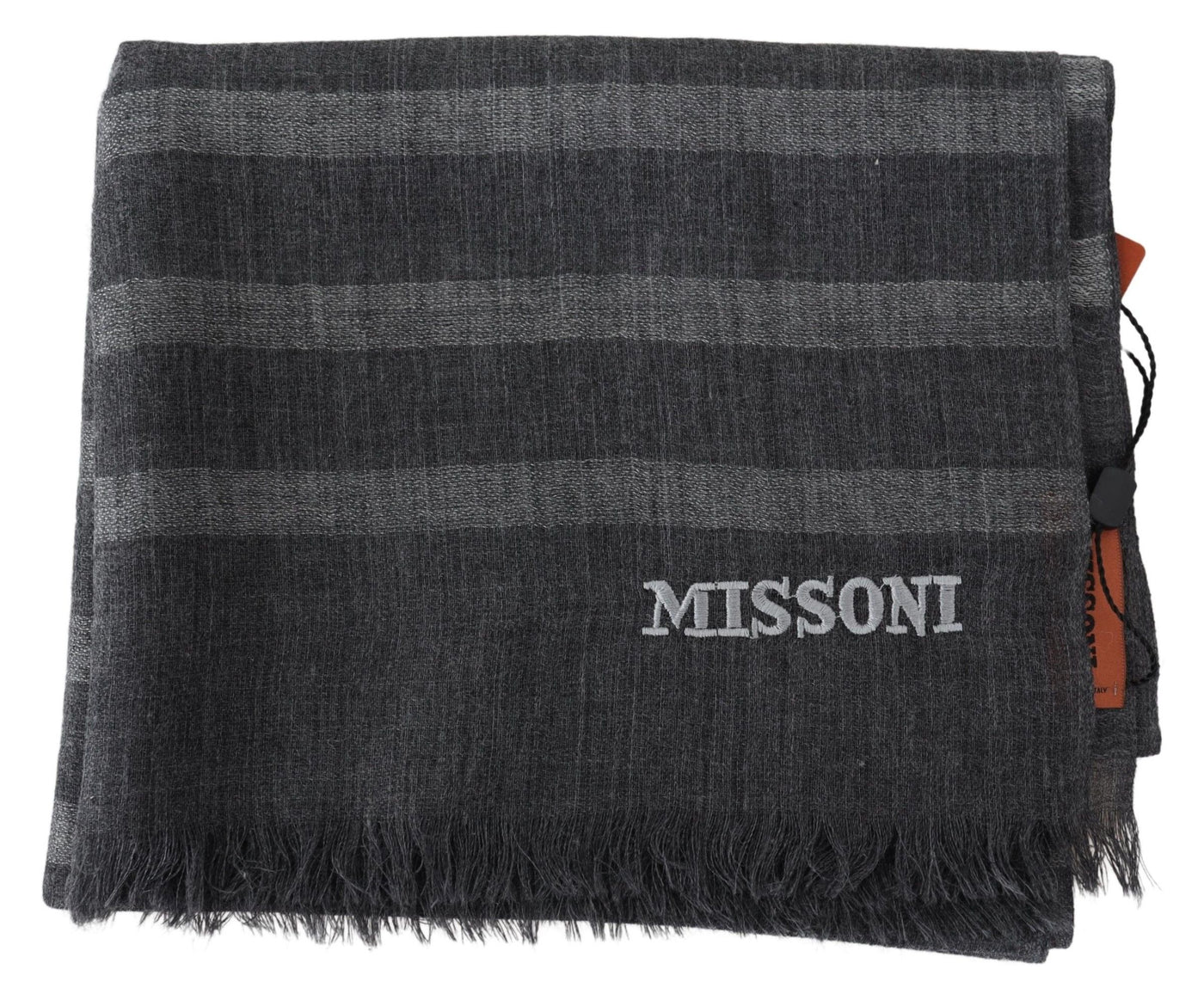 Missoni Grauer gestreifter Wollschal Unisex Halswickel Fransenschal
