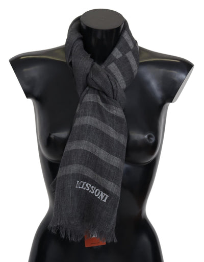 Missoni Grauer gestreifter Wollschal Unisex Halswickel Fransenschal