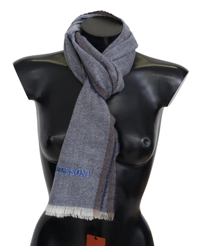 Missoni Grauer gestreifter Wollschal Unisex Halswickel Fransenschal