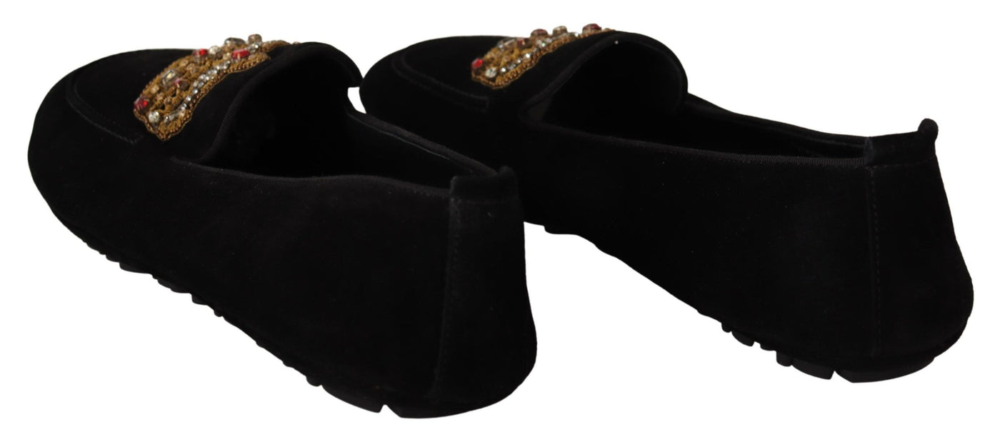Dolce & Gabbana Schwarzes Leder Crystal Gold Crown Loafers Schuhe