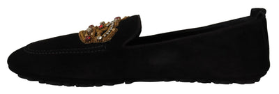 Dolce & Gabbana Schwarzes Leder Crystal Gold Crown Loafers Schuhe