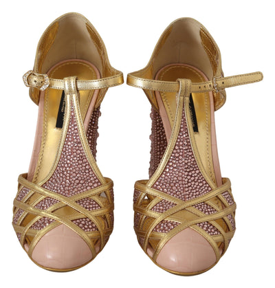 Dolce & Gabbana Rosa Gold Leder Kristall Pumps T-Riemen Schuhe