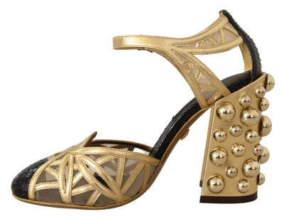 Dolce & Gabbana Schwarz Gold Leder Nieten Riemchen Schuhe