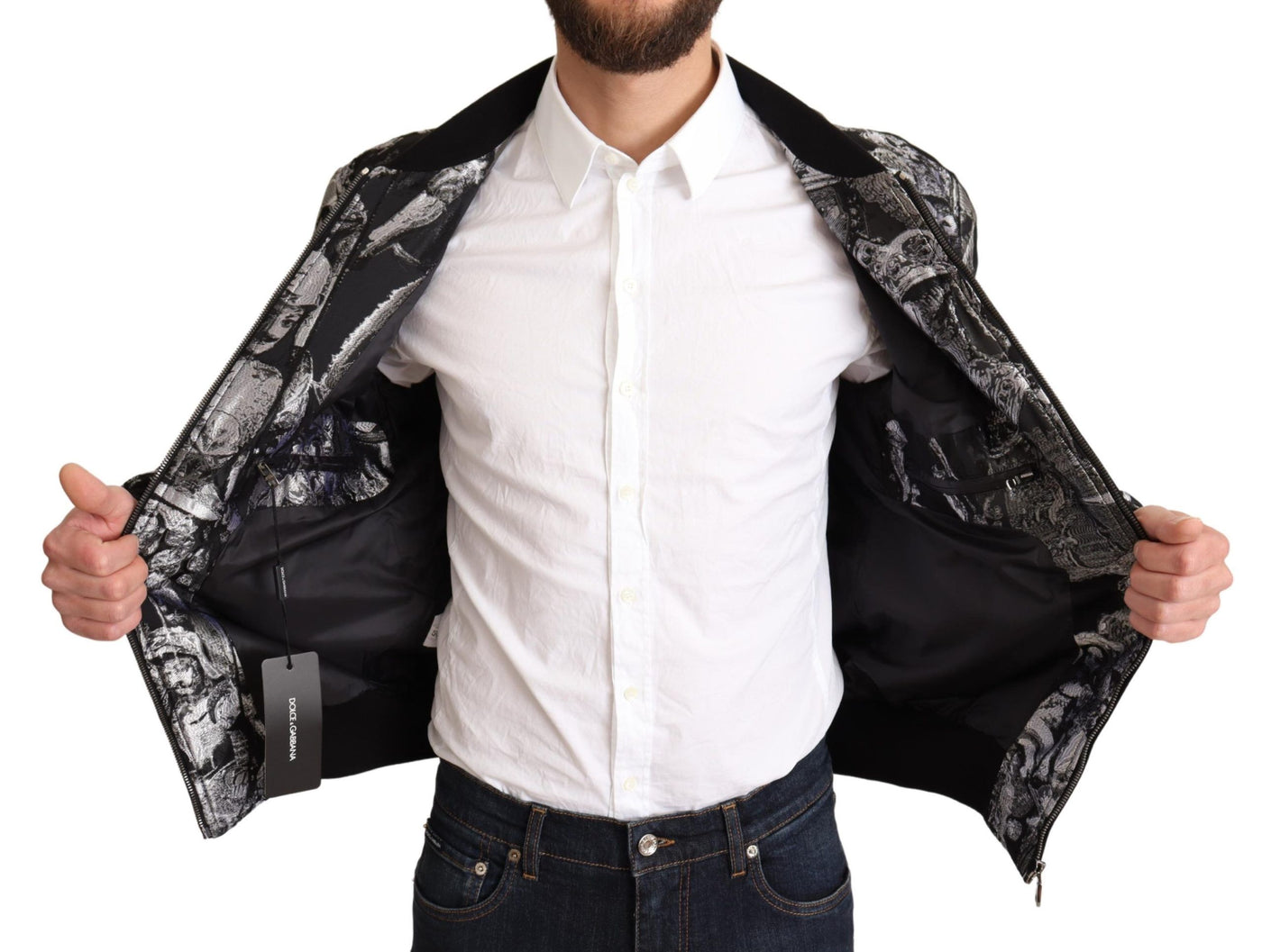 Dolce & Gabbana Schwarz Silber Puppi Motiv Bomberjacke
