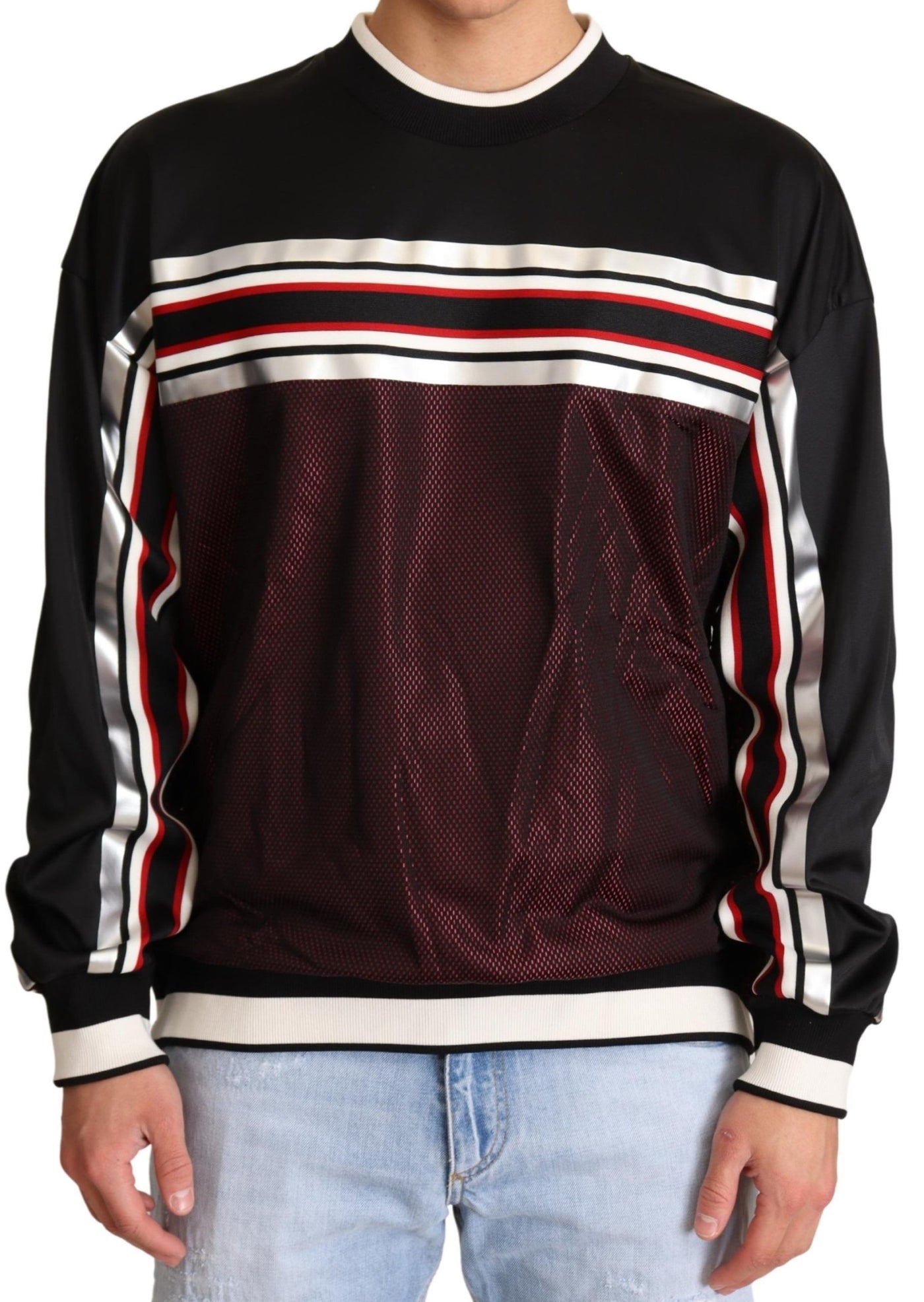 Dolce & Gabbana Schwarzer roter Mesh Sport Pullover mit Rundhalsausschnitt