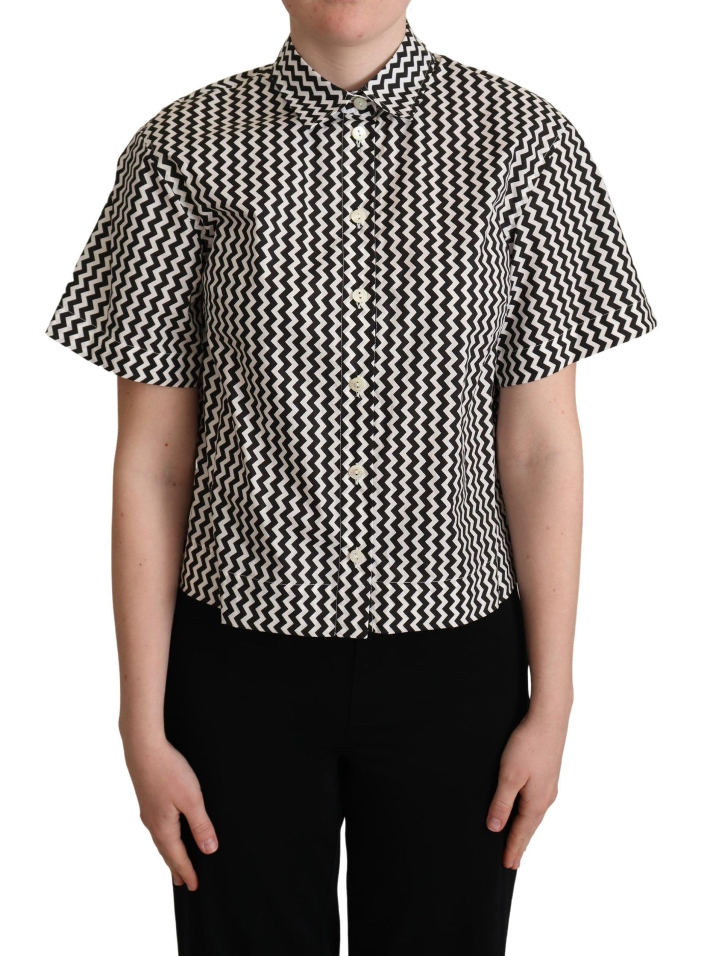 Dolce & Gabbana Schwarz Weiß Zickzack Kragen Baumwolle Top Shirt