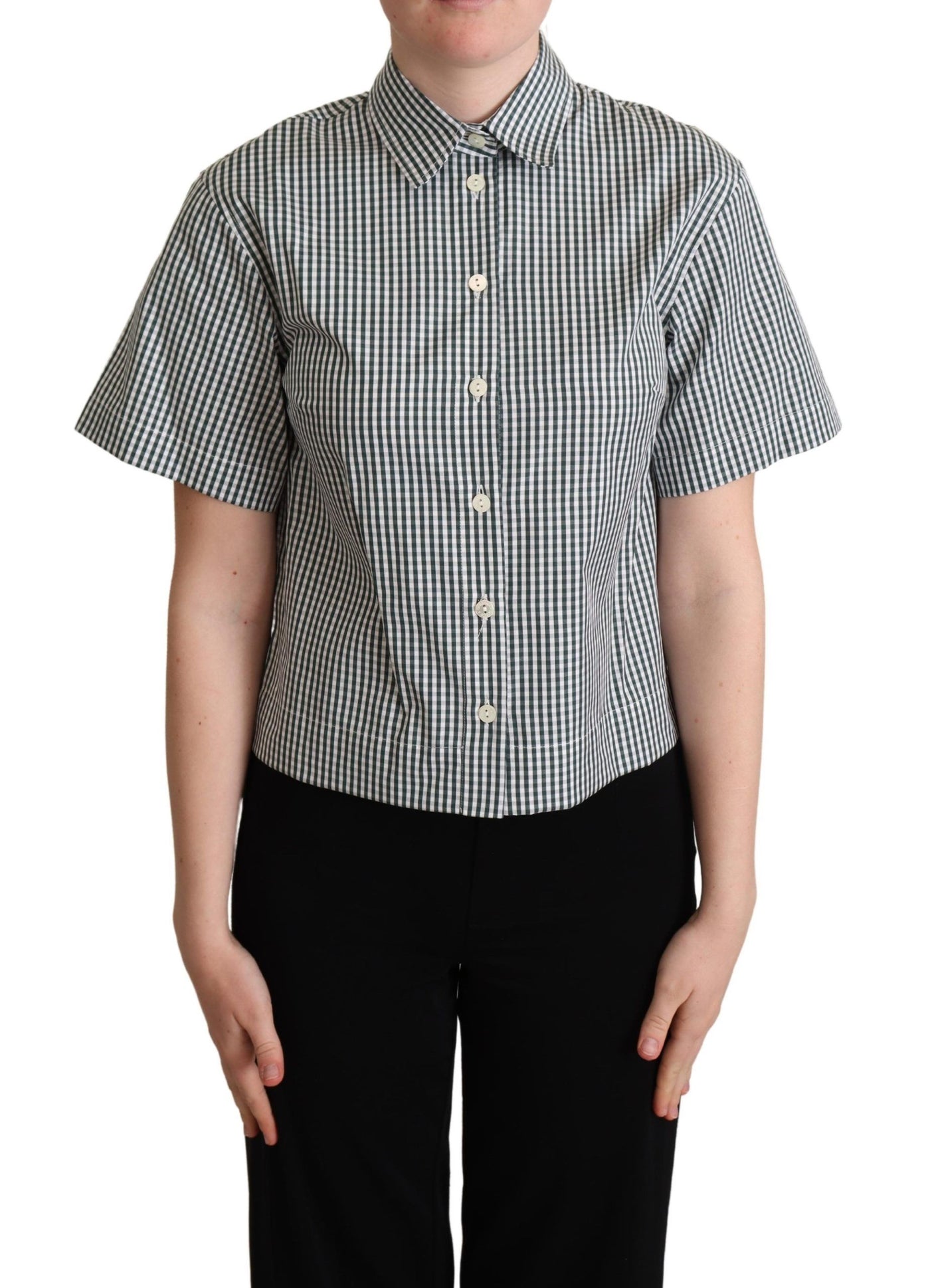 Dolce & Gabbana Weißes grünes Baumwollkarohemd Bluse Oberteil