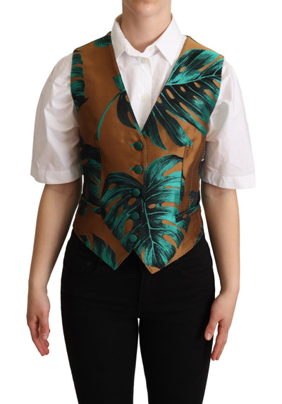 Dolce & Gabbana Grüne Jacquard-Blatt-Goldweste Weste