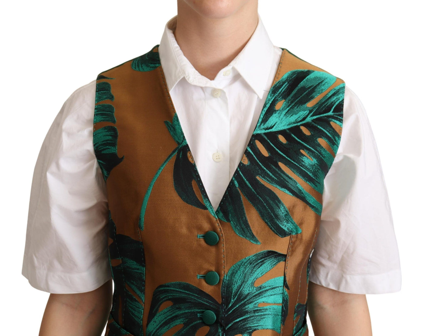 Dolce & Gabbana Grüne Jacquard-Blatt-Goldweste Weste