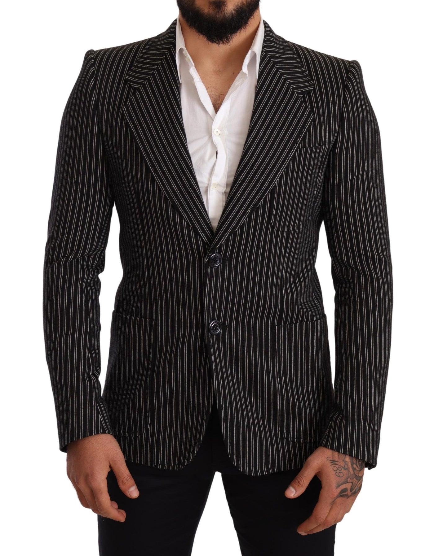Dolce & Gabbana Schwarz gestreifter Slim Fit Wollmantel Blazer